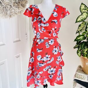 Love & Piece Collective Coral Orange & Blue Floral True Wrap Dress Lined Medium
